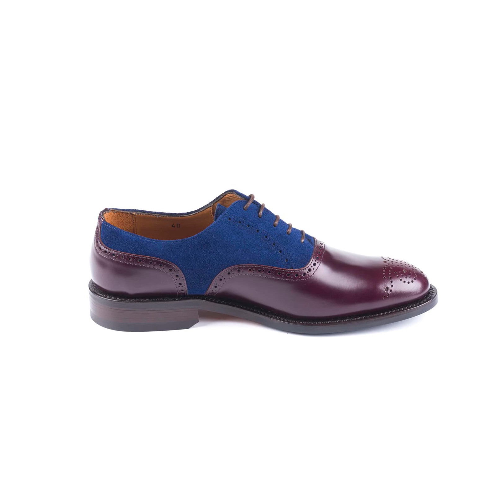 Zapatos para hombre tipo oxford piel burdeos y azul en ante hechos a mano